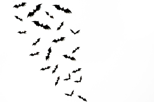 Halloween and decoration concept black 3d paper bats flying over white background