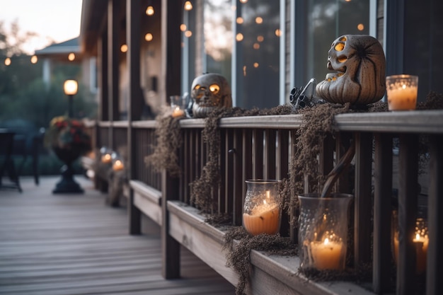 Halloween decoration in house porch and backyard