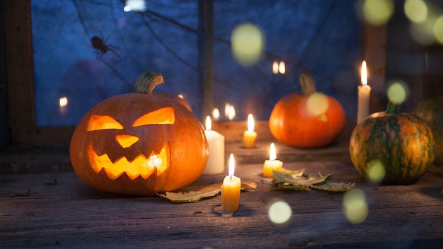 Halloween decoration, Jack-o-lantern pumpkins with blur in the foreground