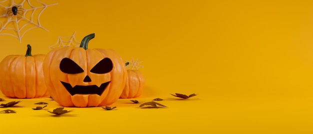 Halloween decoration pumpkin lamps decorated on yellow background 3D rendering 3D illustration