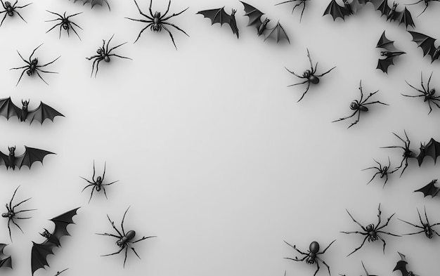 Halloween Decoration with Black Bats and Spiders on White Background