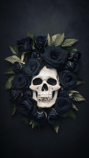 Halloween decoration with black roses and skulls