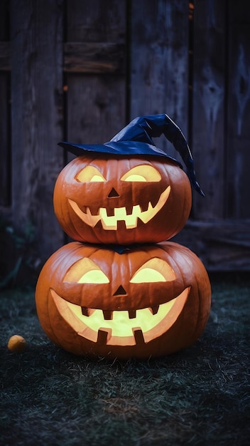 Halloween decoration with laughing pumpkins