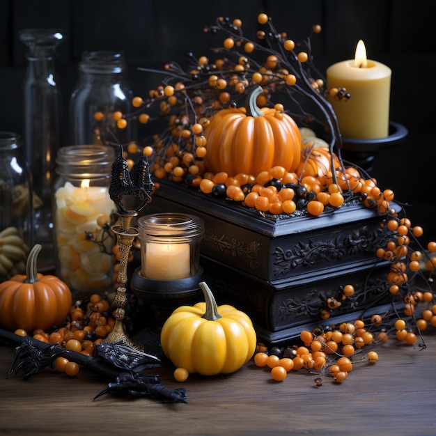 halloween decoration with sweet candies and a pumpkin garland