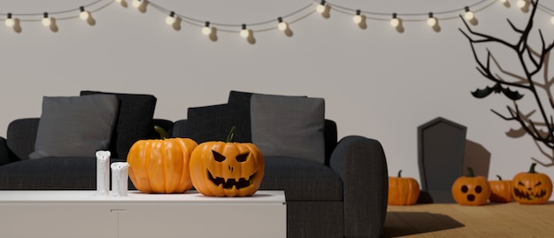 Halloween decorations decorated in living room with pumpkin lamps halloween party 3D rendering