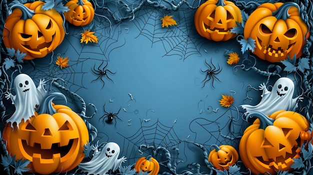 Halloween Decorations Featuring Pumpkins Ghosts and Cobwebs Arranged for Festive Celebration