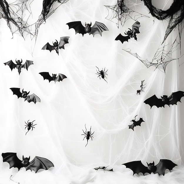 Photo halloween decorations featuring spooky black bats spiders ghostly white cobwebs a white background