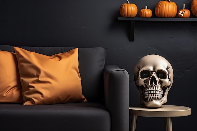 Photo halloween decorations in living room with couch skull pumpkin candles generative ai