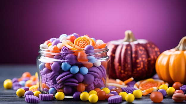 Halloween decorations pumpkin basket with candies on isolated violet background with copyspace Halloween concept