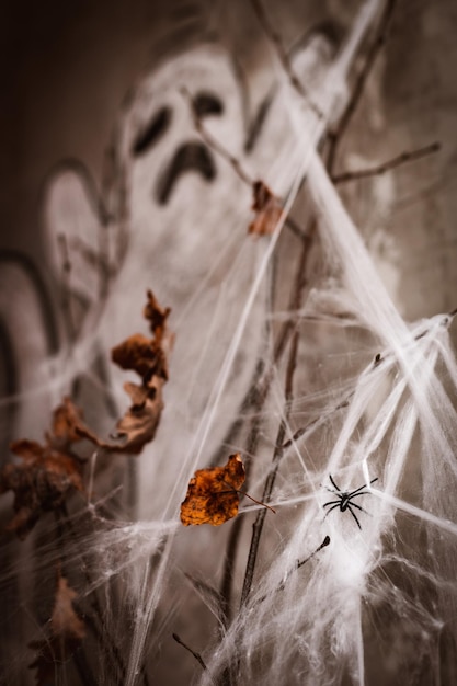 Halloween decorations white spider web on the background of a ghost painted in chalk on the wall of a dark room in the evening vertically horror boo