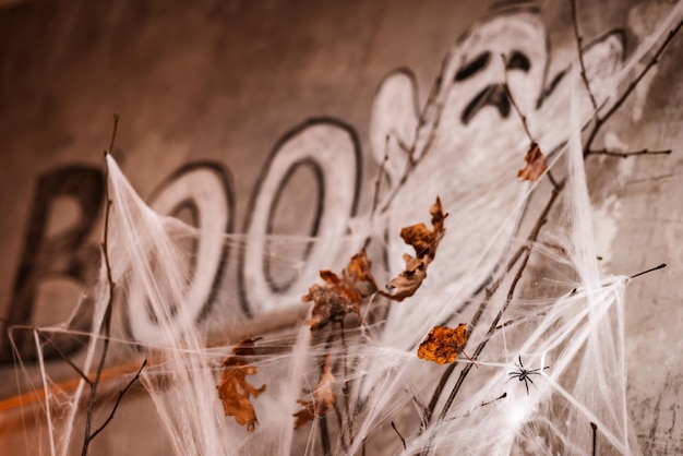 Halloween decorations white spider web on the background of a ghost painted in chalk on the wall of a dark room in the evening