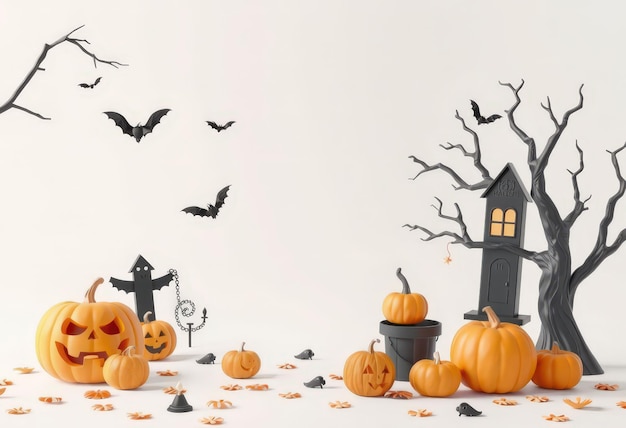 Halloween decorations with pumpkins bats and a haunted house