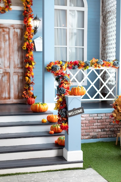 Halloween design home with yellow fall leaves and lanterns