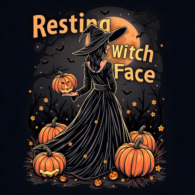 Halloween design with witch and pompkin on dark background