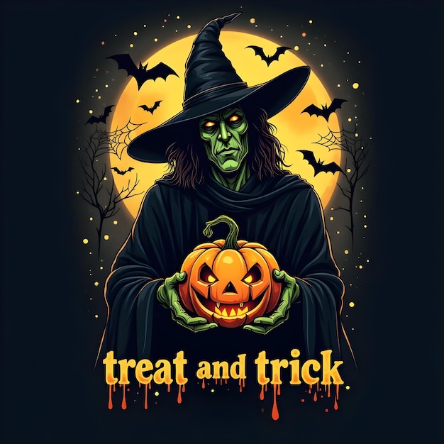 Halloween design with witch and pompkin on dark background