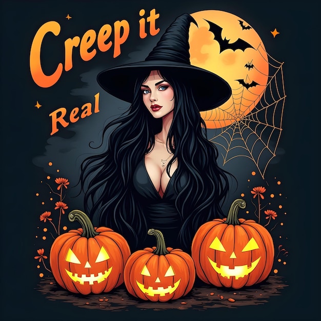 Halloween design with witch and pompkin on dark background