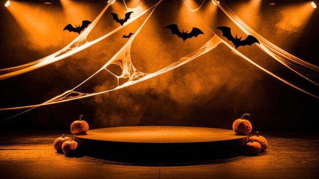 Halloween Display Podium Platform Stage With Pumpkins Spider Webs And Bats