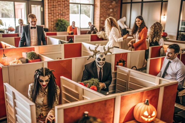 Photo a halloween display of a pumpkin and a man in a suit with a pumpkin on it