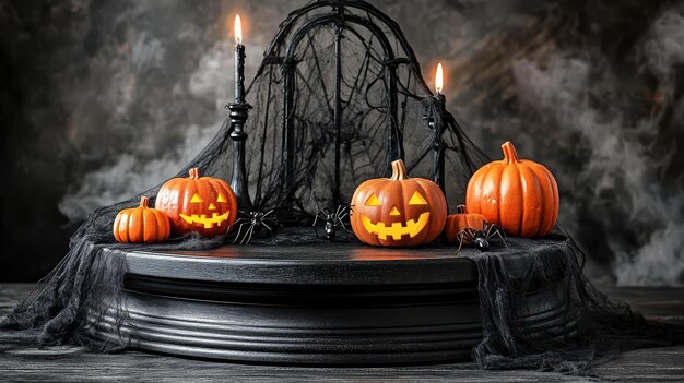 Photo a halloween display showcases pumpkins flickering candles and spider webs on a dark backdrop