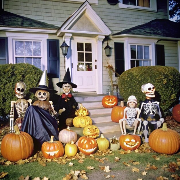 Photo a halloween display of skulls and skeletons in front of a house with a house in the background