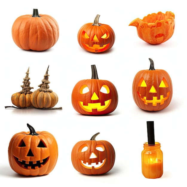 Halloween elements isolated on a white background featuring photorealistic pumpkins