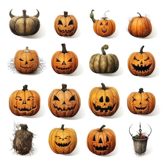 Halloween elements isolated on a white background featuring photorealistic pumpkins