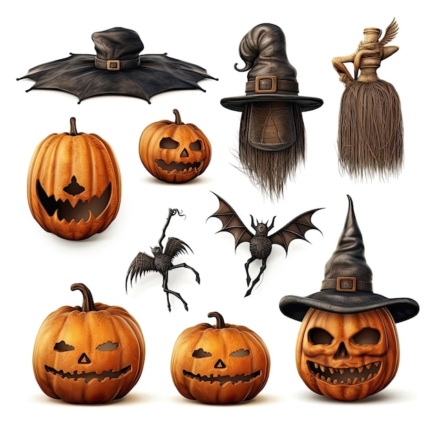 Halloween elements isolated on a white background featuring photorealistic pumpkins