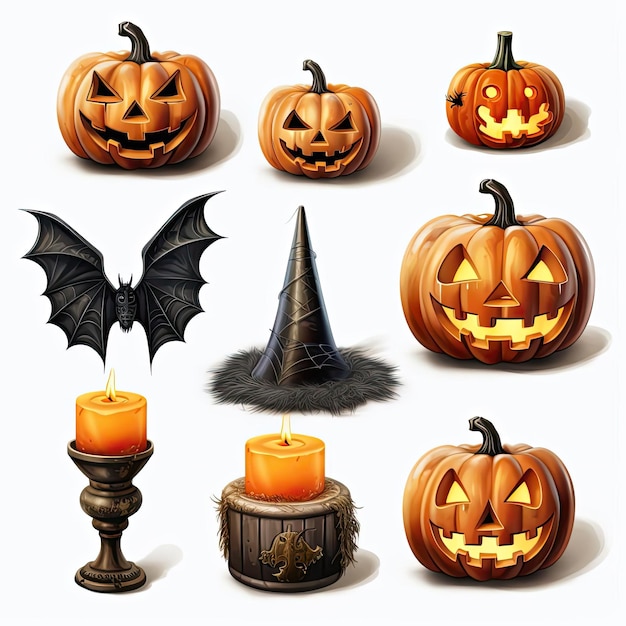 Halloween elements isolated on a white background featuring photorealistic pumpkins