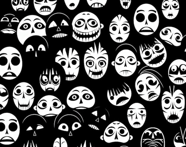 halloween faces set in black and white in the style of animated exuberance