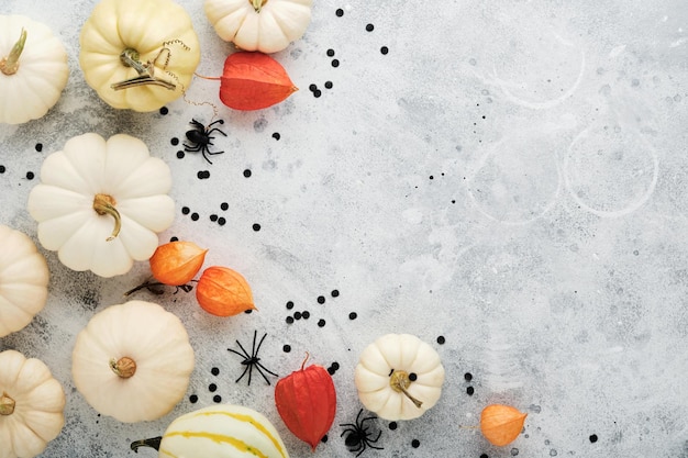 Halloween festive autumn background Autumn decor from pumpkins berries maple leaves and chestnuts on old rustic stone tiles backgrounds Concept of Thanksgiving day Halloween Top view copy space