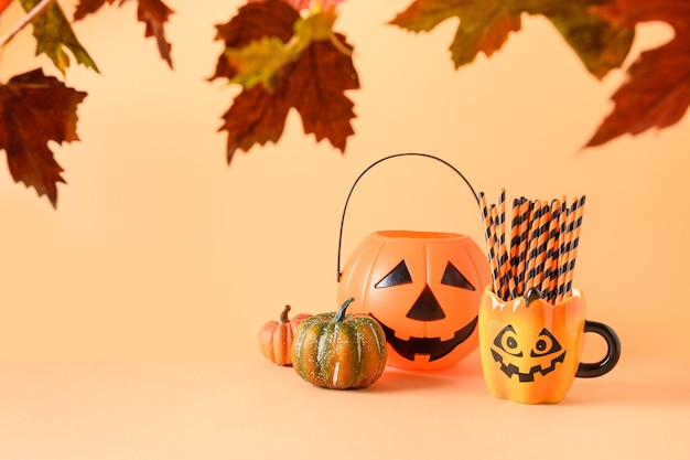 Halloween festive party decorations candy bowl pumpkins funny mug with drinking straw