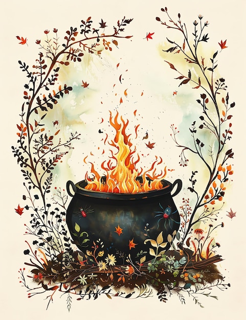 halloween flaming cauldron medival page Junk Journal