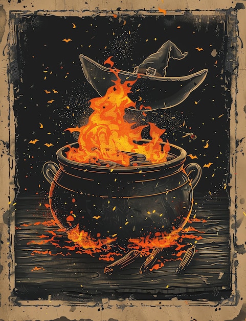 halloween flaming cauldron with witch medival page Junk Journal