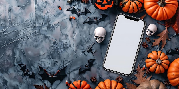 Photo halloween flat lay with phone and decorations