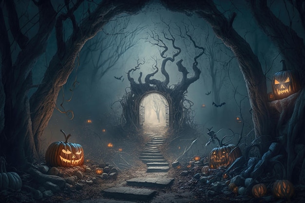 Halloween forest background Illustration AI Generative