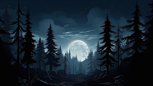 Halloween forest with spruce trees under a mysterious full moon