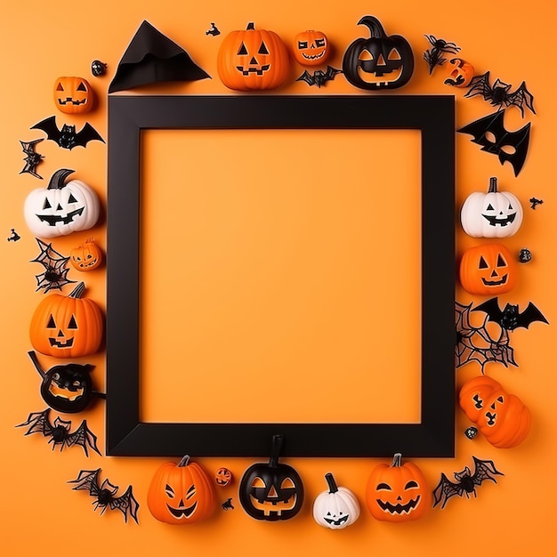 Halloween frame flat lay Modern pumpkins jack o lantern spiders bats frame on background with space for text Season's greeting card Happy Halloween