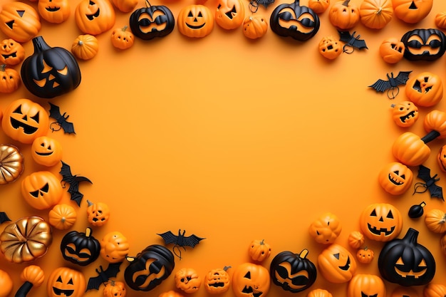 Halloween frame flat lay Modern pumpkins jack o lantern spiders bats frame on background with space for text Season's greeting card Happy Halloween