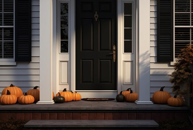 halloween front porch with white pumpkins and black door