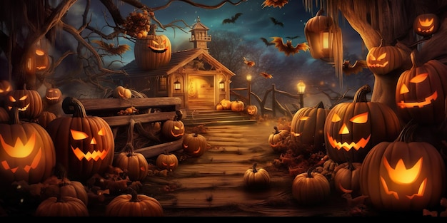 Halloween Fullmoon Banner Haunted House Pumpkins and Bats