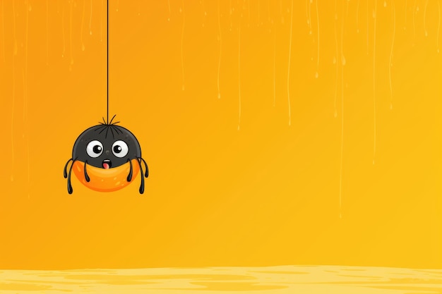 Halloween funny comedy drawing scaret spider hanging on web orange background