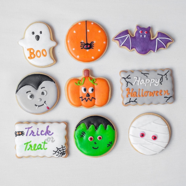 Halloween funny Cookies set on white background. Trick or Threat, Happy Halloween, Hello October, fall autumn, Festive, party and holiday concept