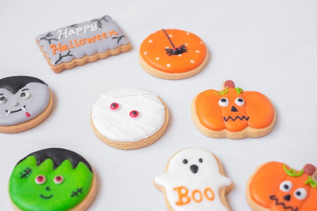 Halloween funny Cookies set on white background. Trick or Threat, Happy Halloween, Hello October, fall autumn, Festive, party and holiday concept