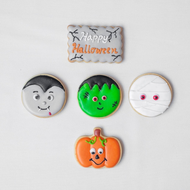 Halloween funny Cookies set on white background Trick or Threat Happy Halloween Hello October fall autumn Festive party and holiday concept