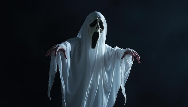 Halloween ghost in white sheet reaches out with chilling scream horror evil theme