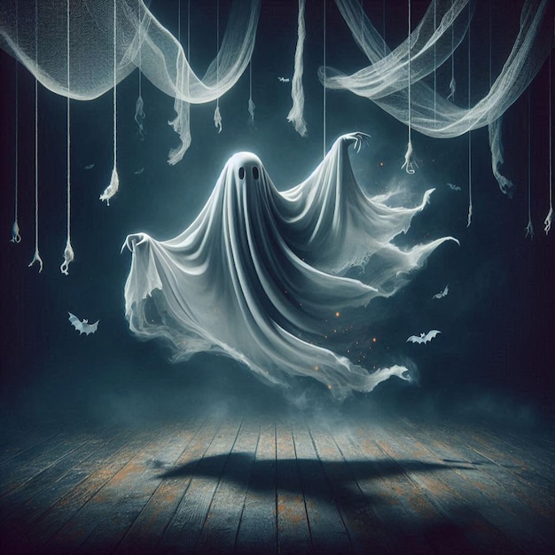 Halloween ghost with billowing fabric suspended in midair