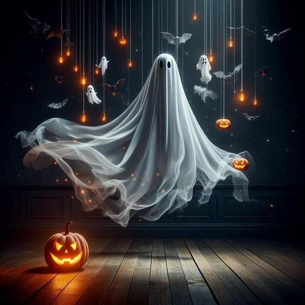 Halloween ghost with billowing fabric suspended in midair