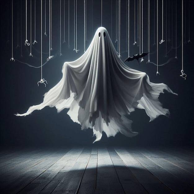 Halloween ghost with billowing fabric suspended in midair