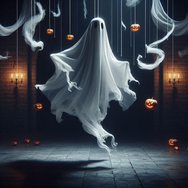 Halloween ghost with billowing fabric suspended in midair