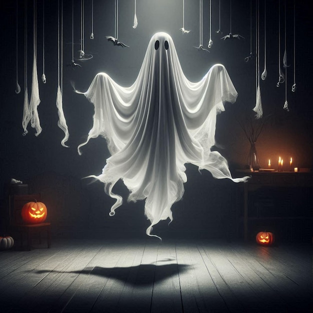 Halloween ghost with billowing fabric suspended in midair